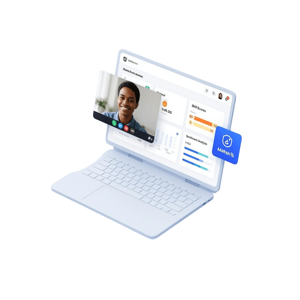 Ketari AI interview dashboard showing a live candidate video call with skill scores and sentiment analysis